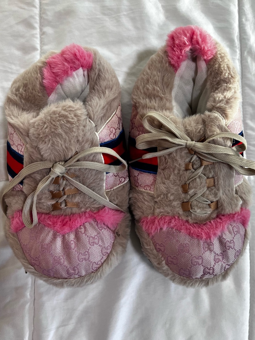 Fuzzy Monkey Pink Taupe Faux Fur Slipper Shoes Women’s One Size Fits All NWT